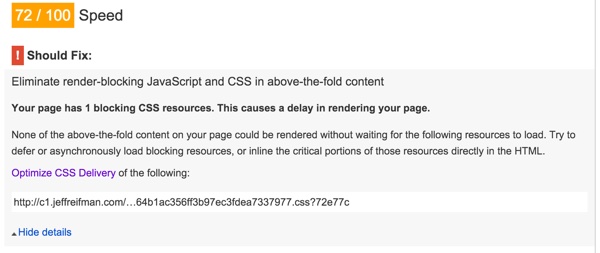 PageSpeed Failing you because you still have one CSS file